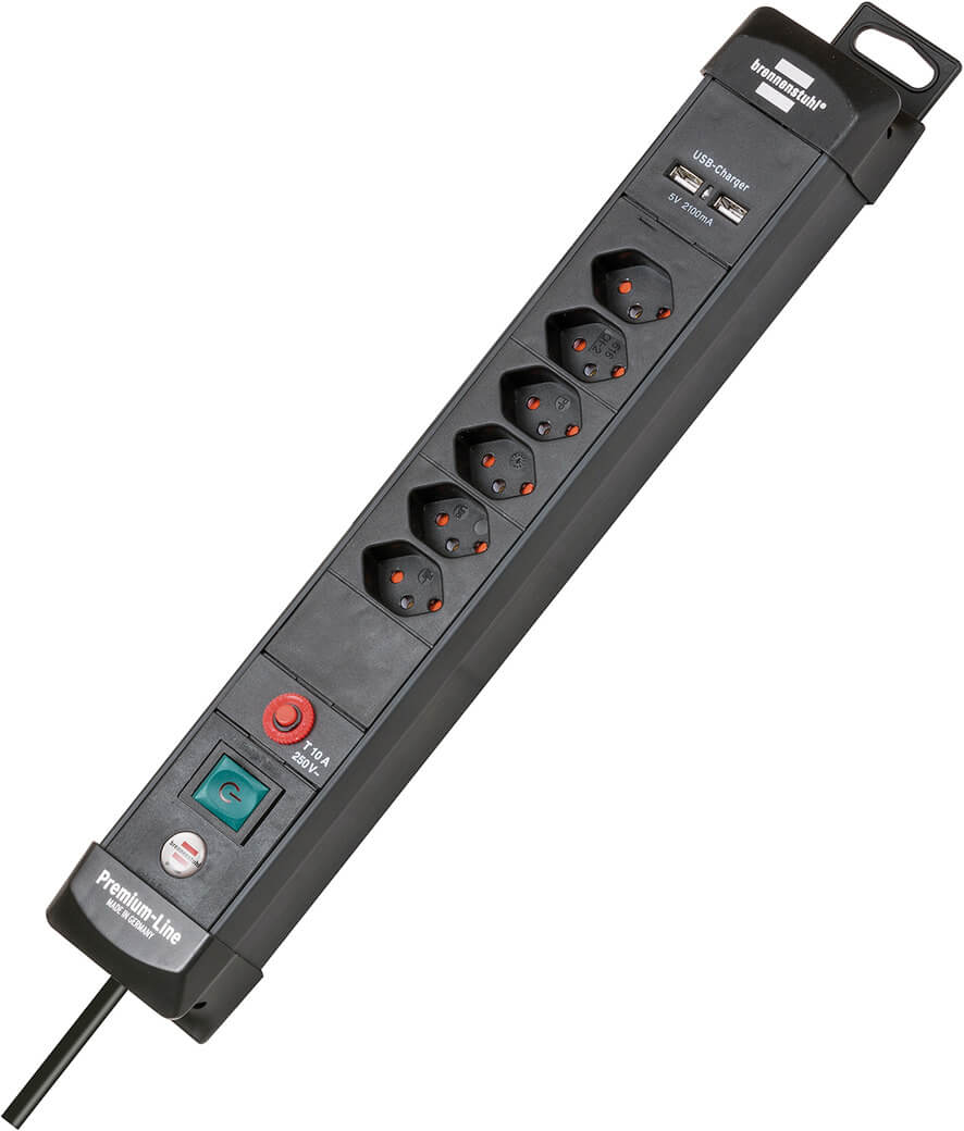 Premium-Line Steckdosenleiste mit 2x USB-Ladefunktion 6-fach schwarz 3m H05VV-F3G1,5 *CH*